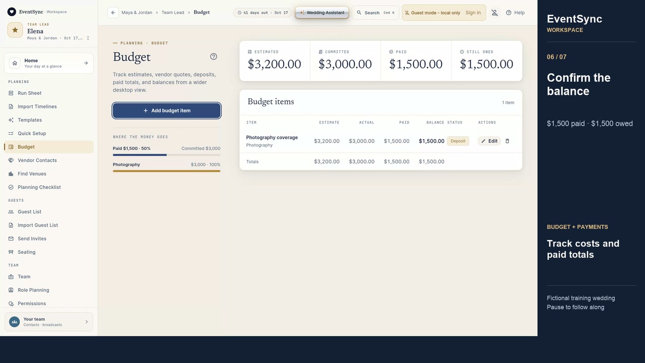 Track expenses and payments in the fictional EventSync training wedding