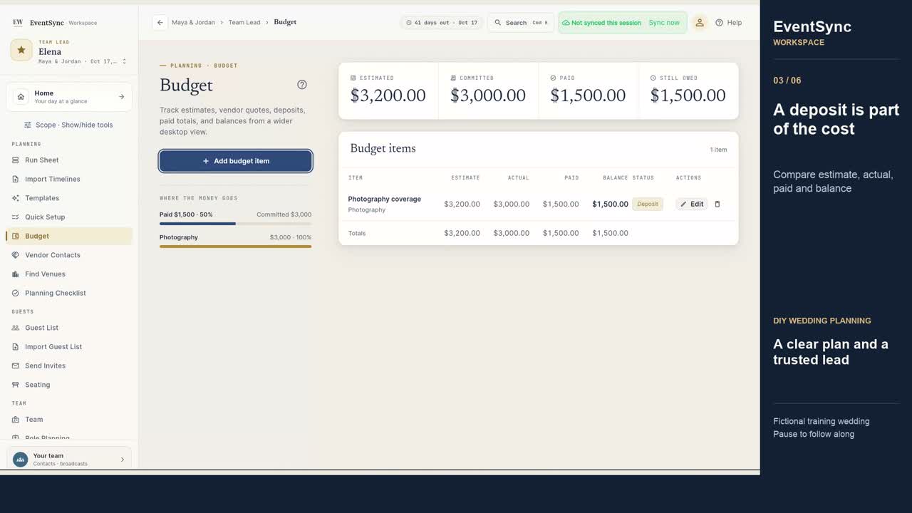 Build a DIY wedding handoff with a clear budget and timeline in a fictional training wedding