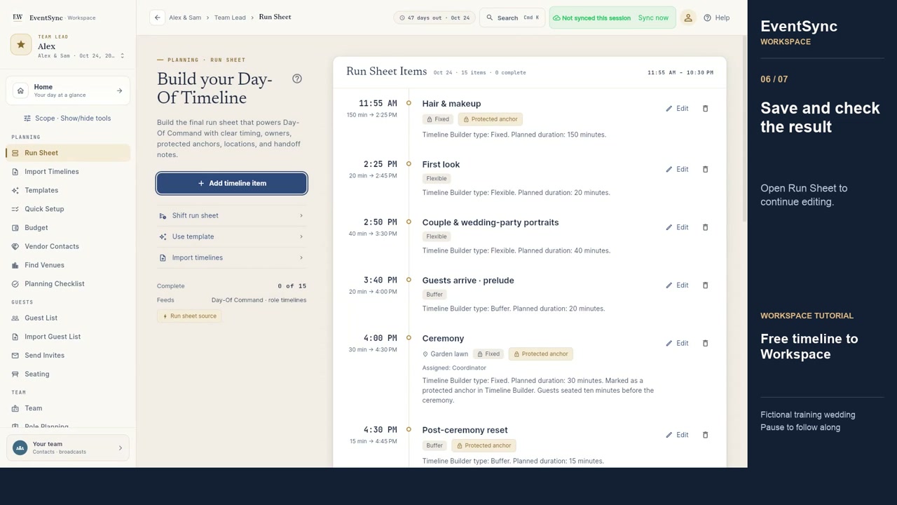 Move Your Free Wedding Timeline into EventSync Workspace using a fictional training wedding