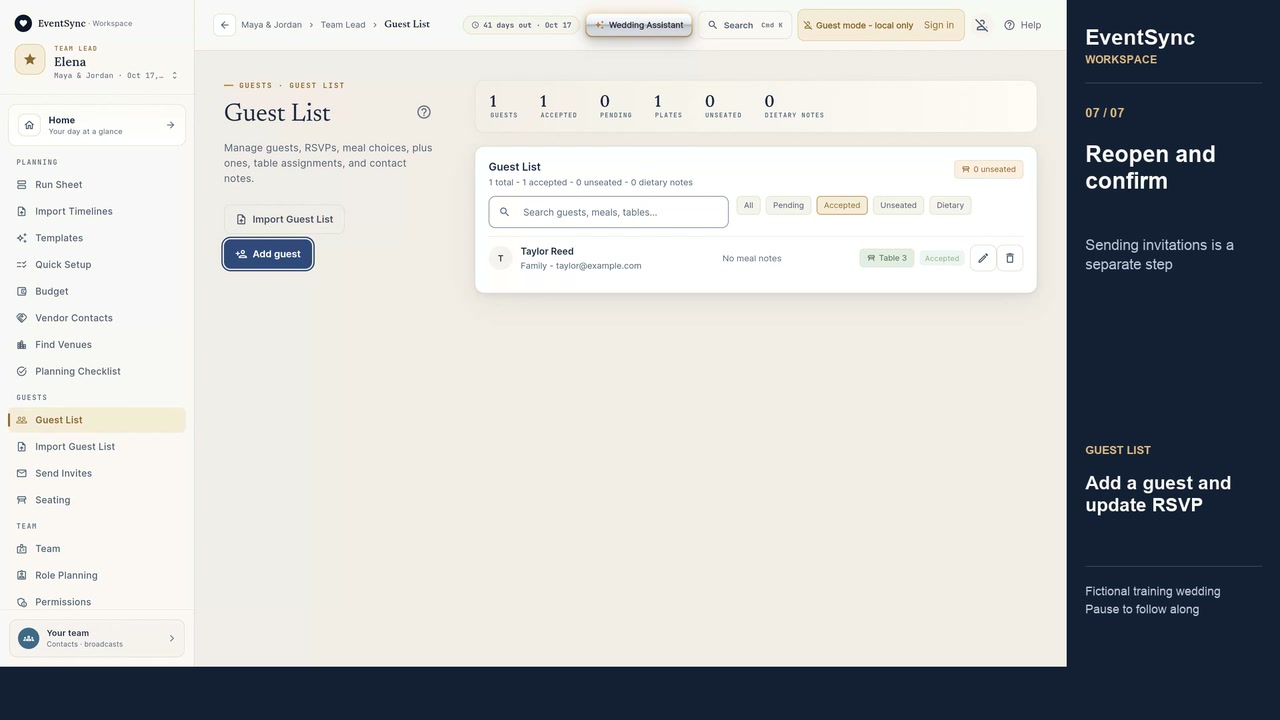 Add guests and update RSVPs in the fictional EventSync training wedding