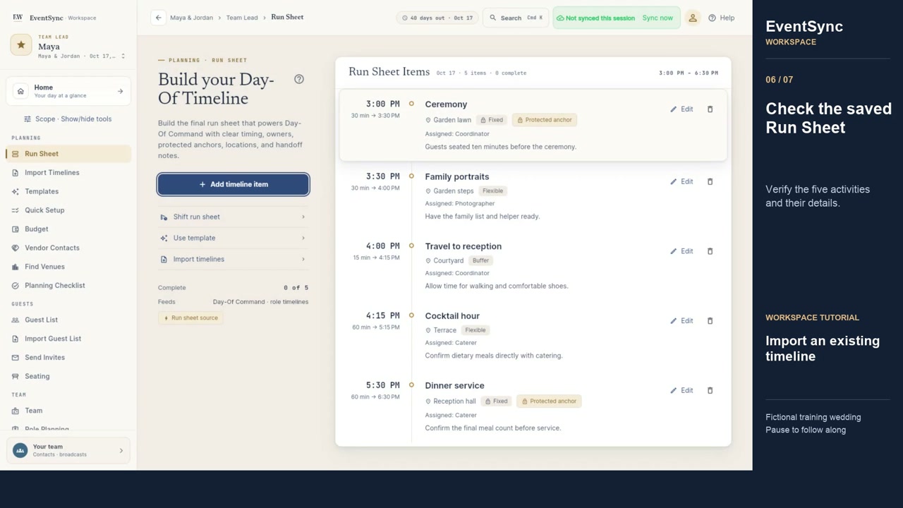 Import a Wedding Timeline PDF into EventSync Workspace using a fictional training wedding