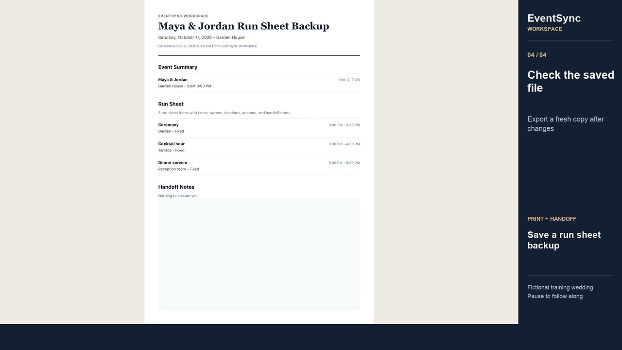 Save a run sheet as PDF in the fictional EventSync training wedding