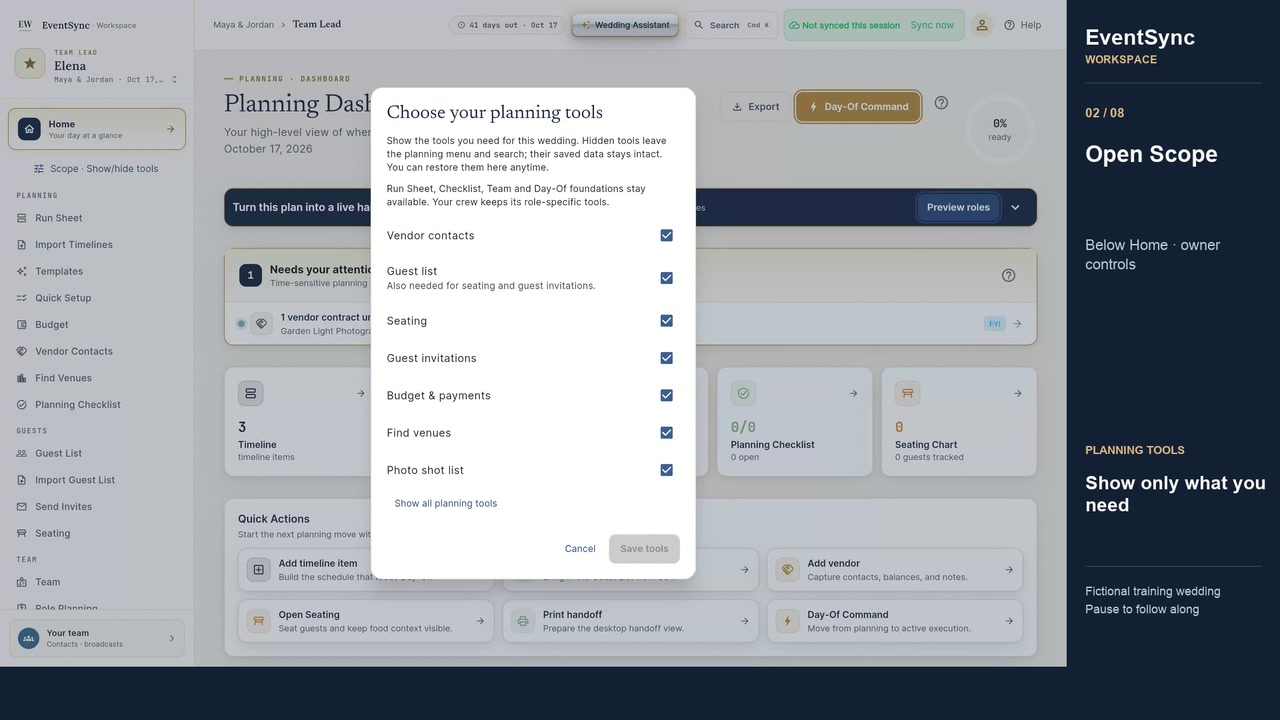 Scope controls for the fictional EventSync training wedding