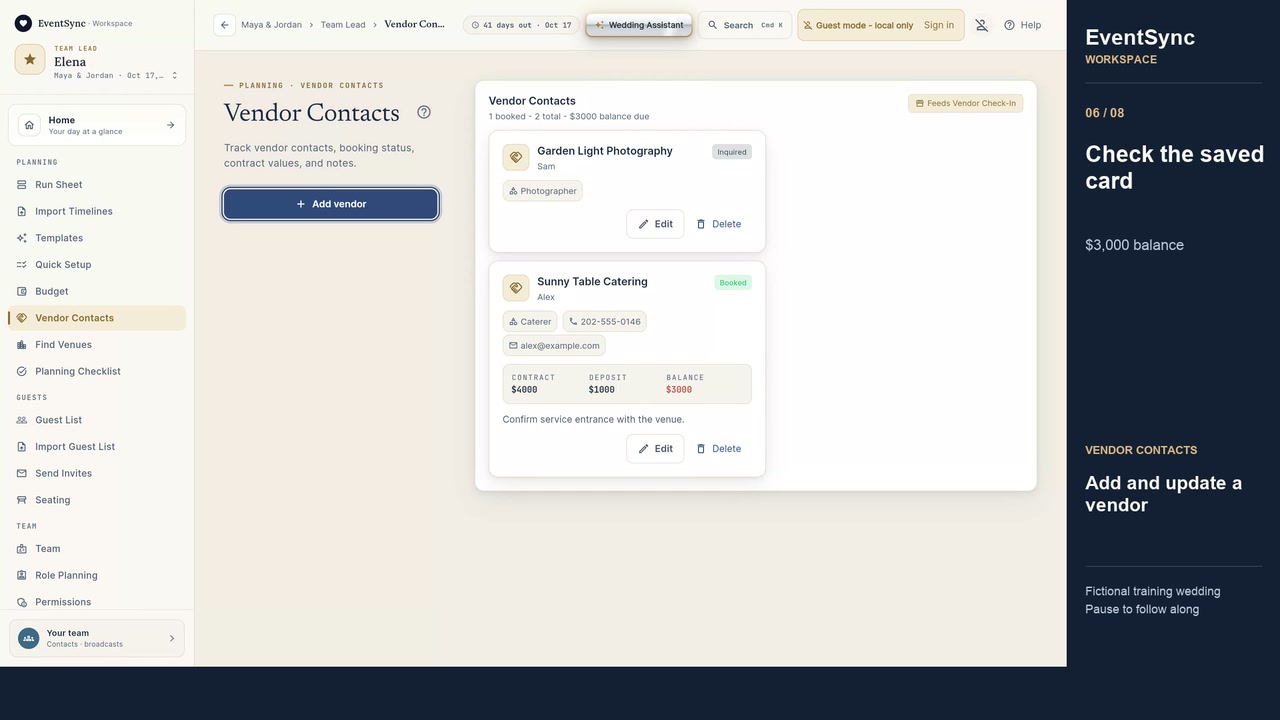 Add and update vendor contacts in the fictional EventSync training wedding