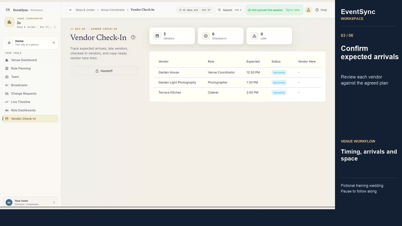 Review venue timing, vendor arrivals and spaces in Workspace in a fictional training wedding