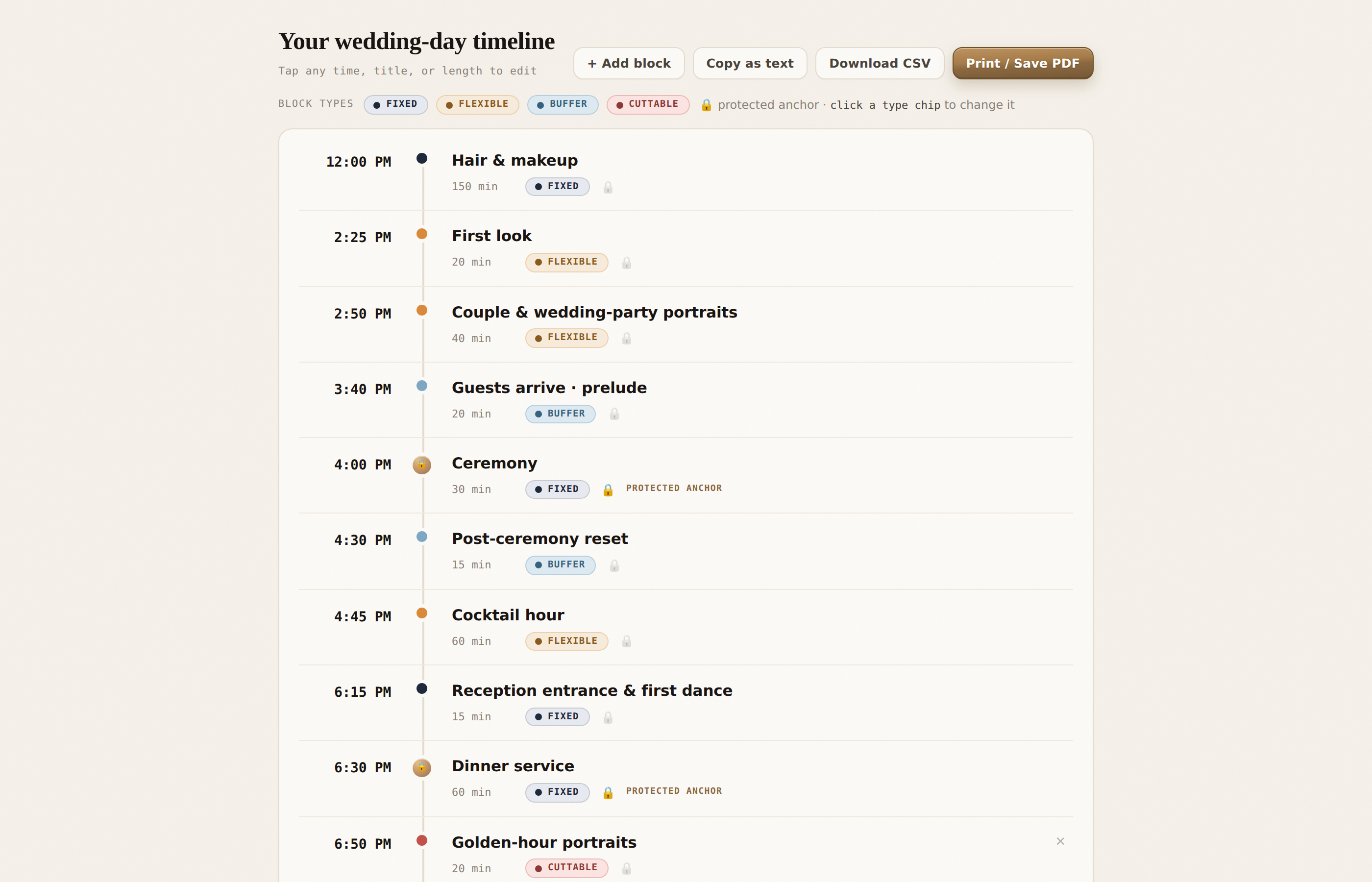The Wedding Day Timeline Builder showing a generated run-of-show on a time spine, with Ceremony and Dinner marked as protected anchors.